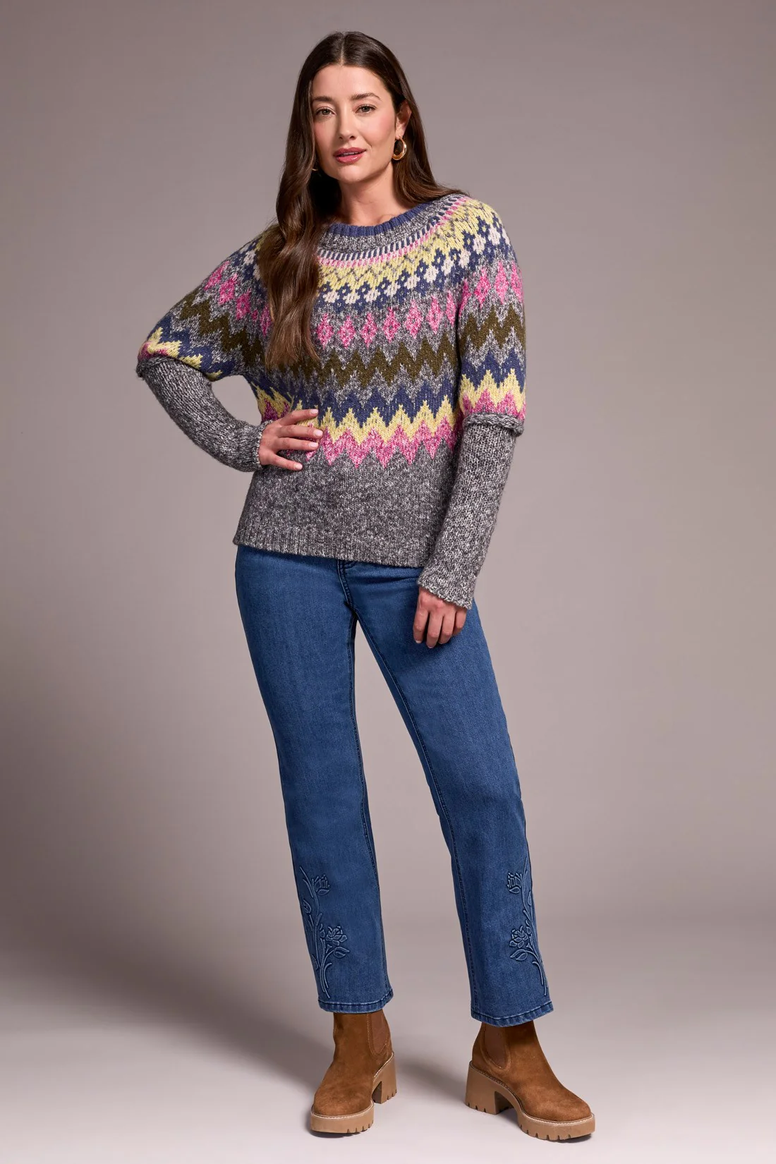 Intarsia Ribbed Long Sleeve Sweater