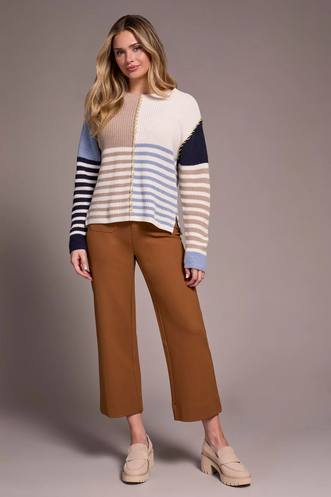 Multi Stripe Textured Boat Neck Sweater