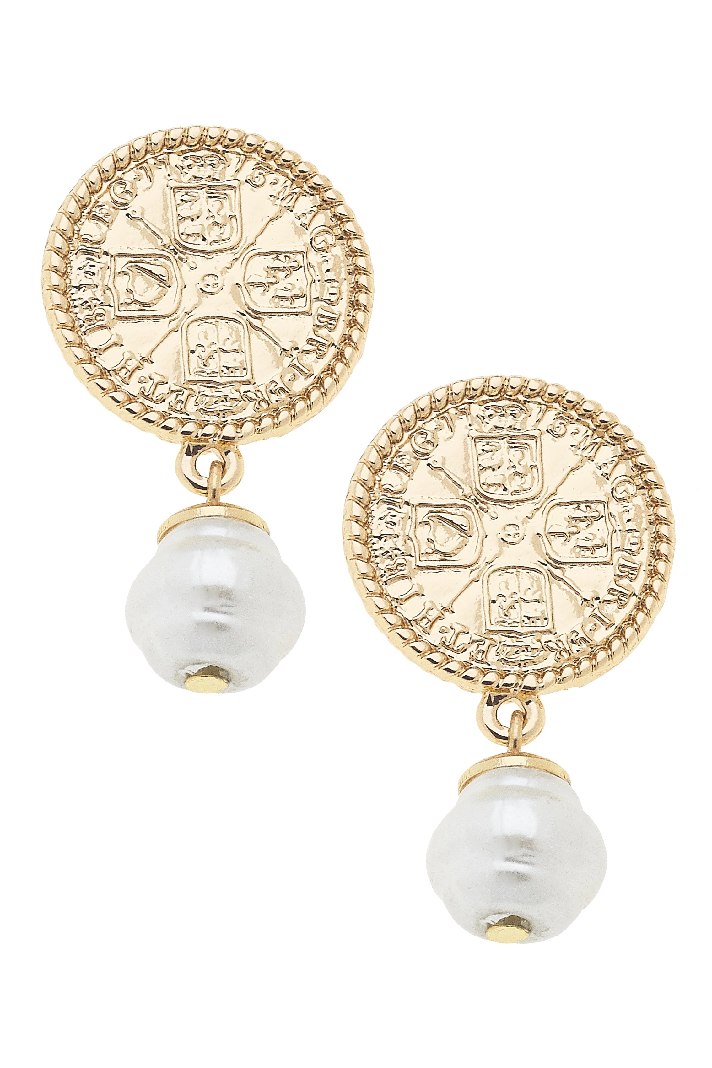 Contessa Coin Pearl Drop Earrings in Shiny Gold