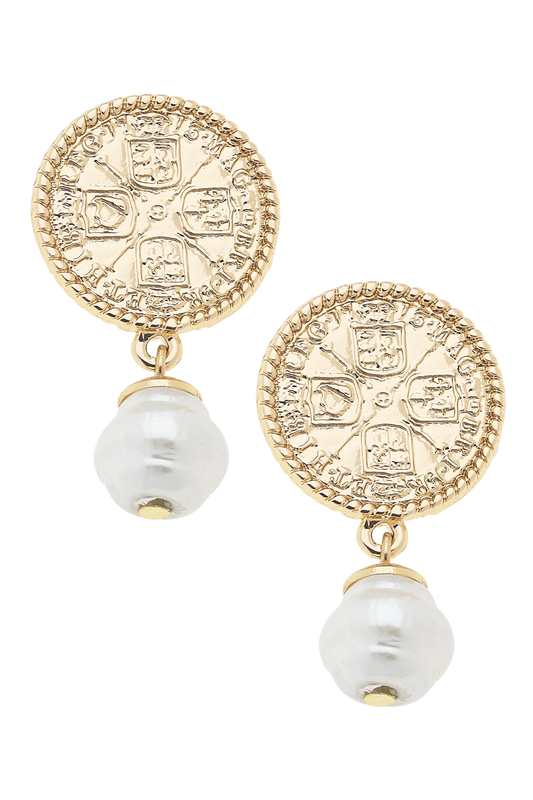 Contessa Coin Pearl Drop Earrings in Shiny Gold
