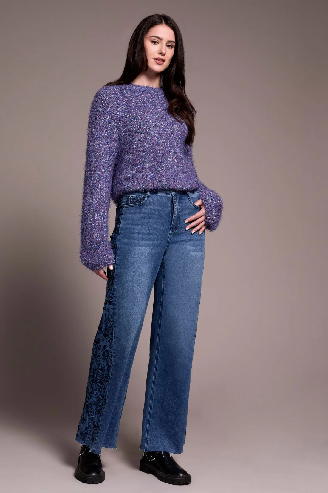 Brooke High Rise Wide Leg Jeans with Side Embroidery