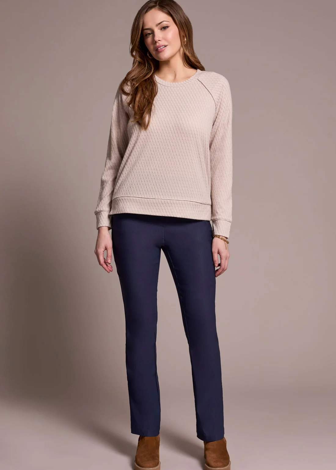 Textured Knit Crew Neck Raglan Sleeve Knit Top