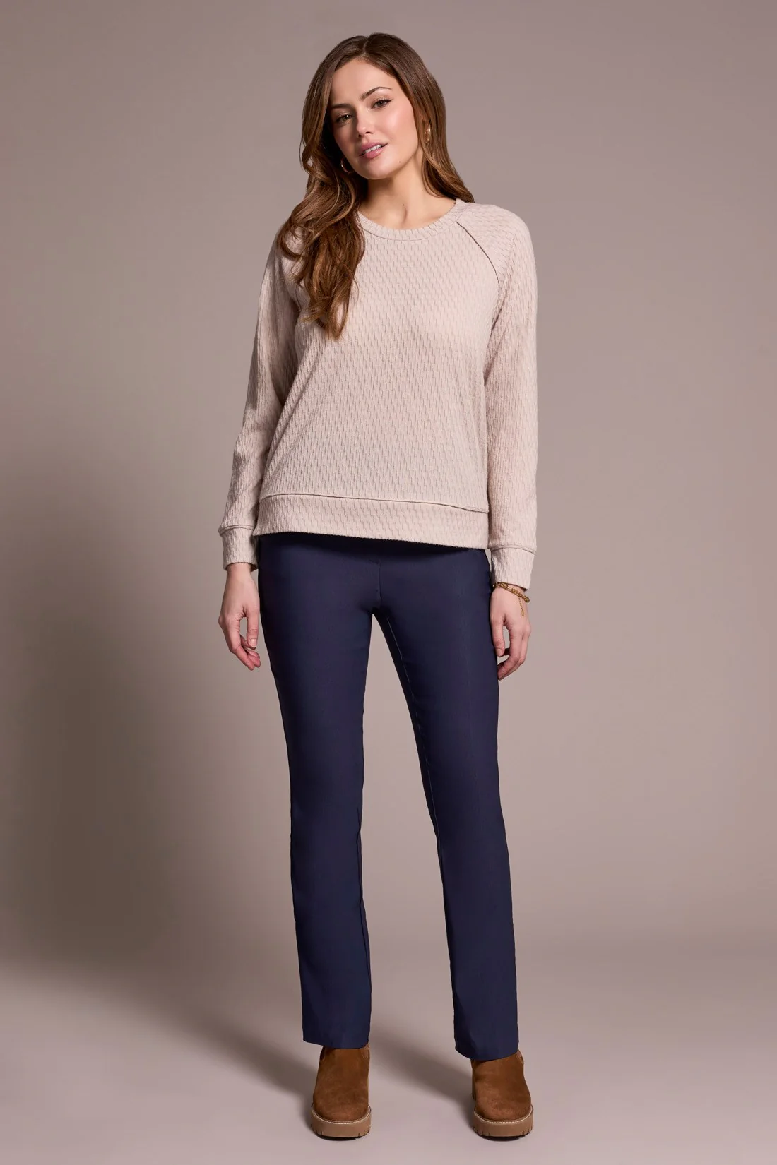 Textured Knit Crew Neck Raglan Sleeve Knit Top
