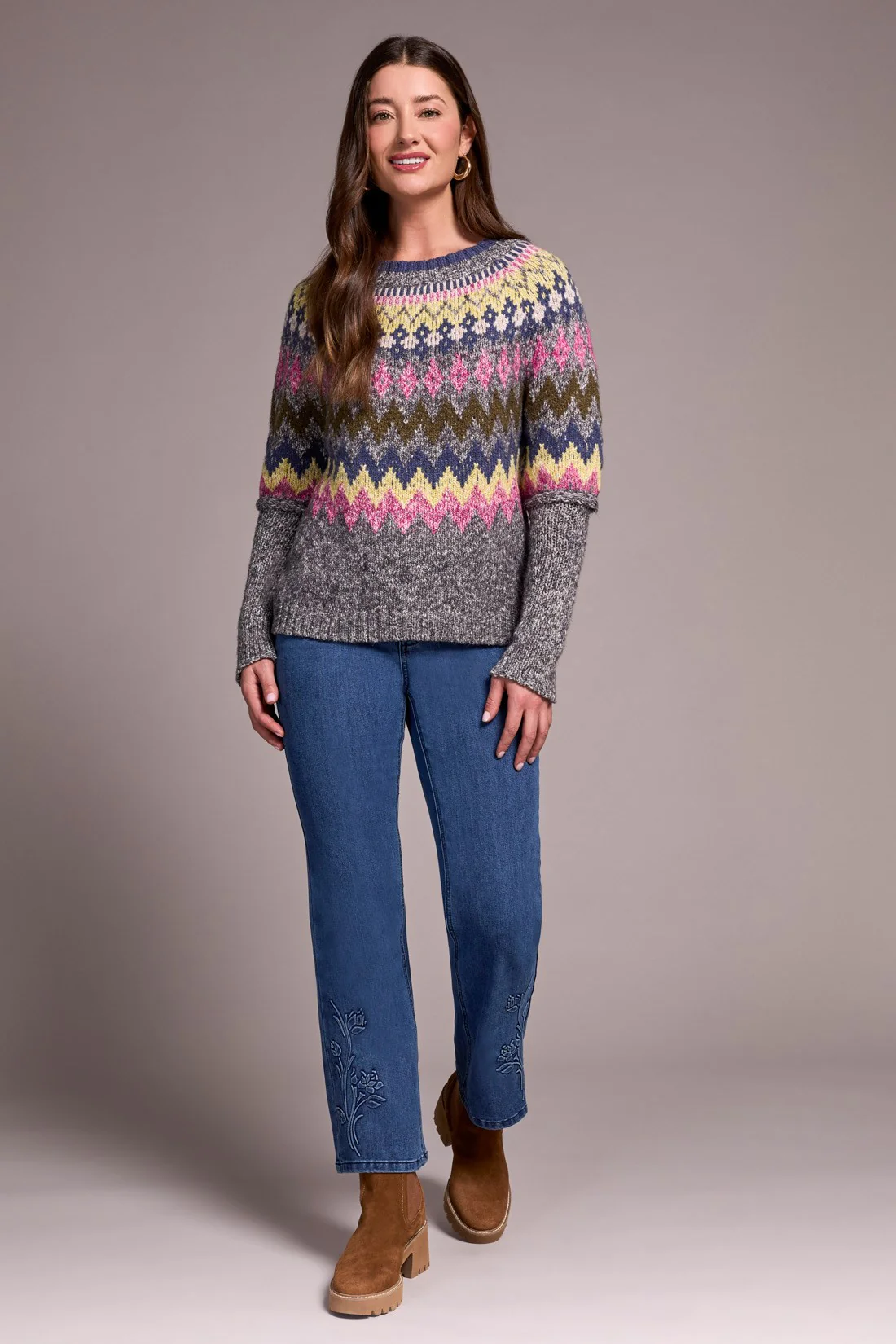 Intarsia Ribbed Long Sleeve Sweater