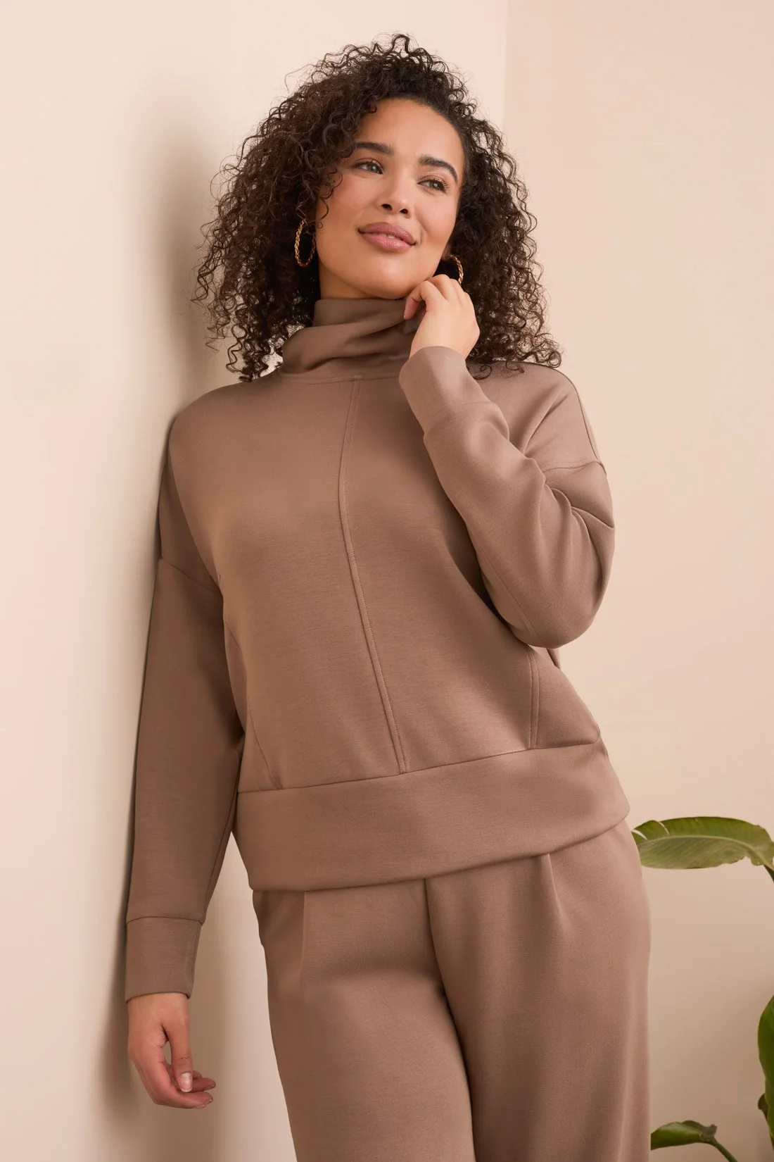 Techno Lux Drop Shoulder Funnel Neck Knit Top