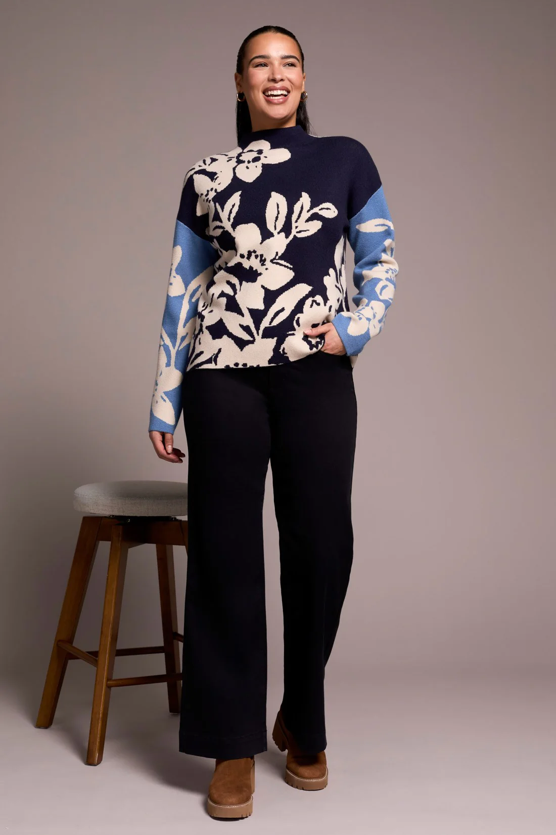 Knit Jacquard Funnel Neck Sweater