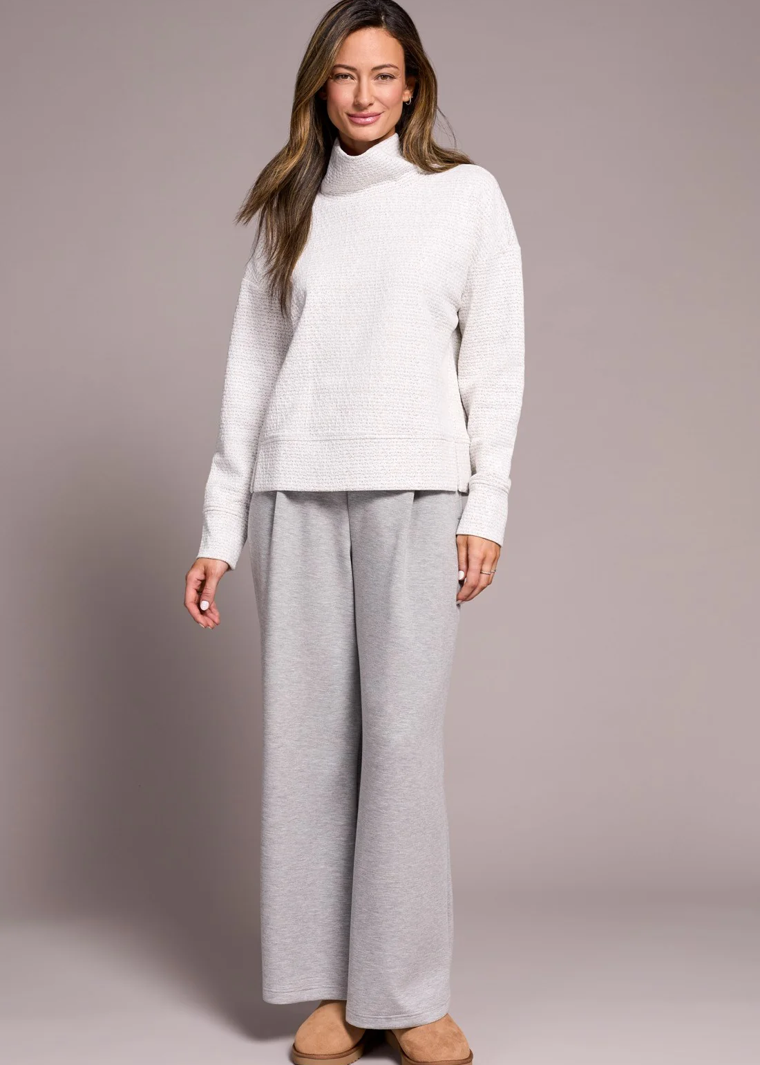 Puckered Knit Drop Shoulder Funnel Neck Top