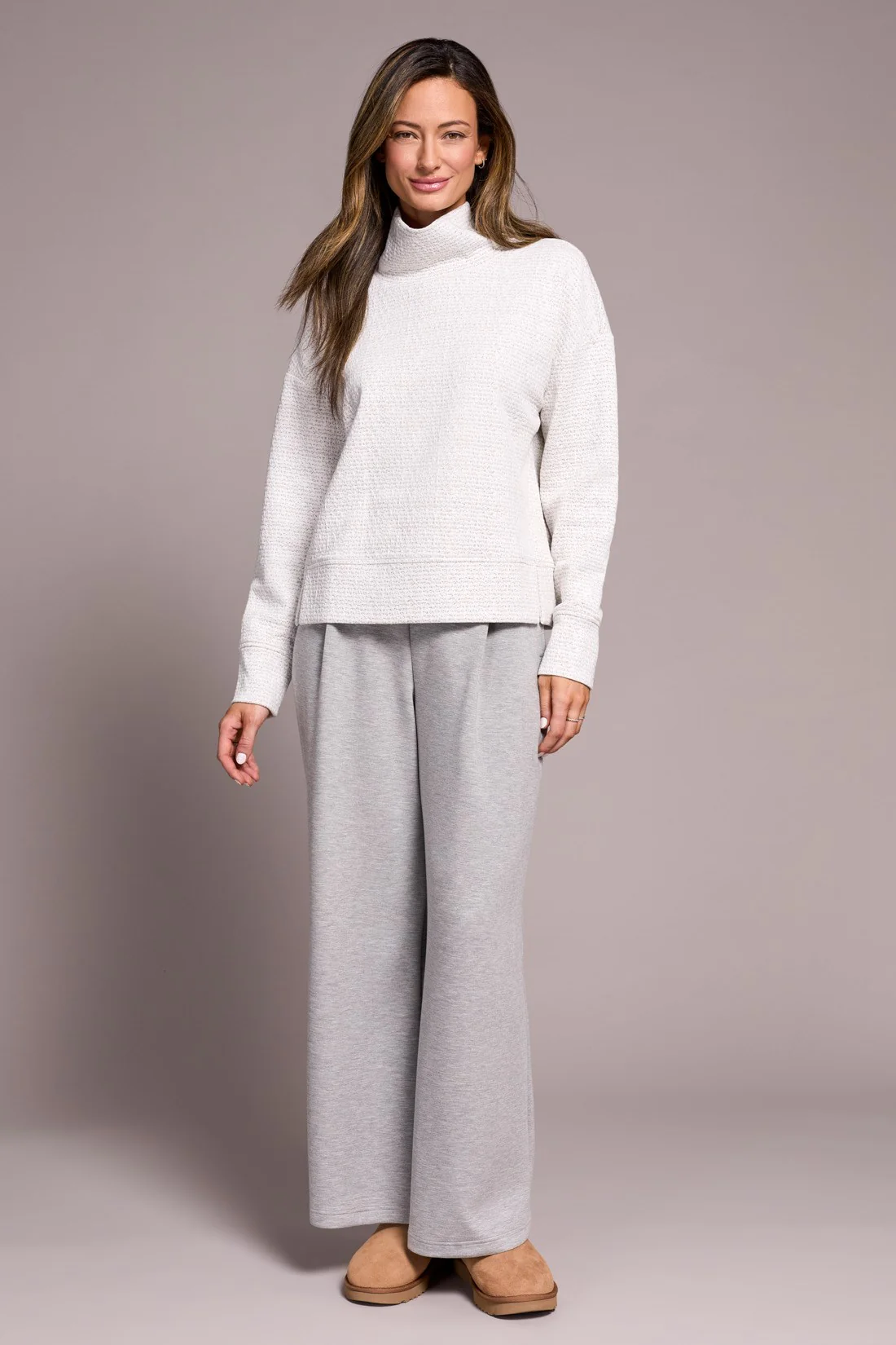 Puckered Knit Drop Shoulder Funnel Neck Top