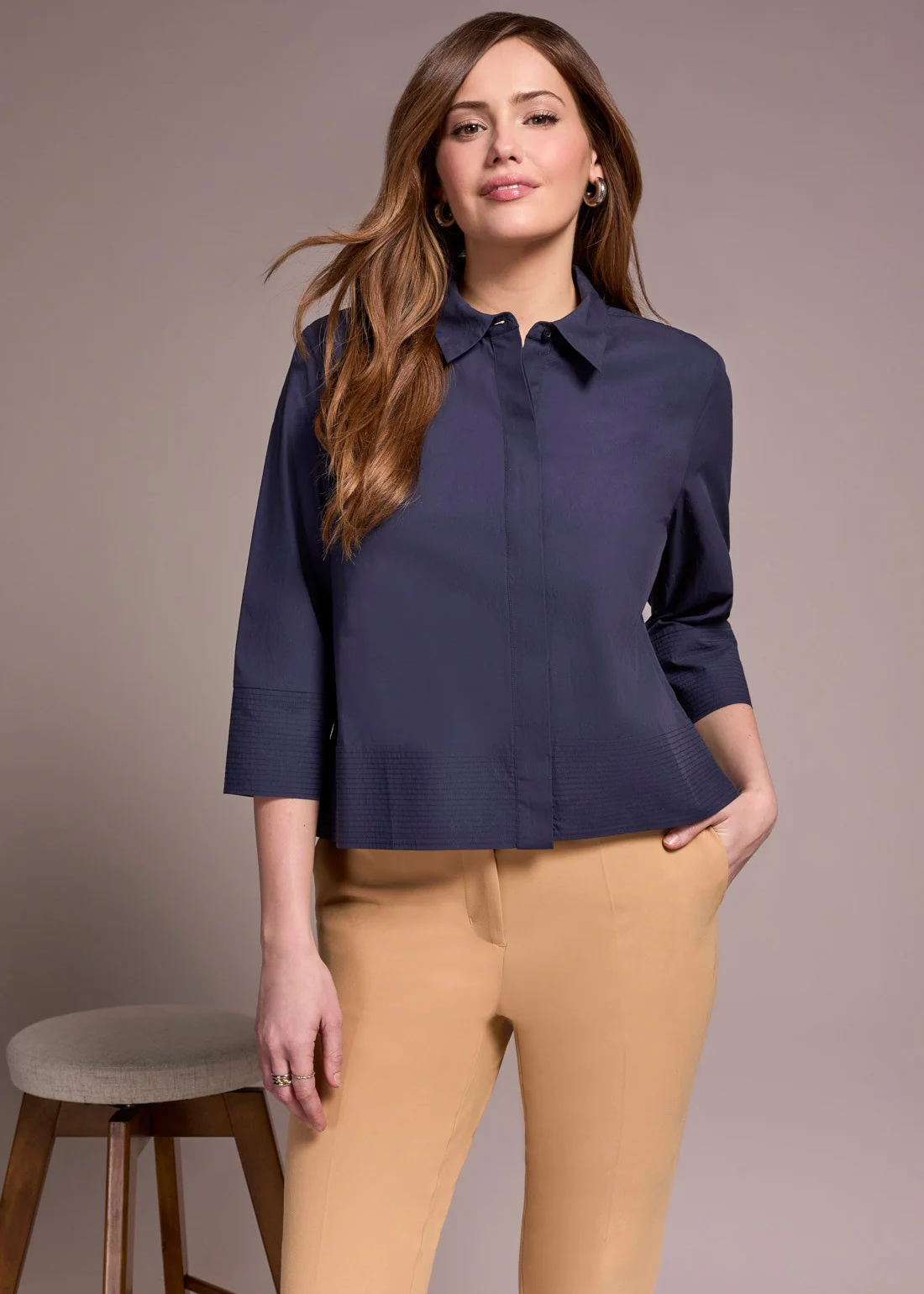 Soft Poplin 3/4 Sleeve Button-Front Shirt