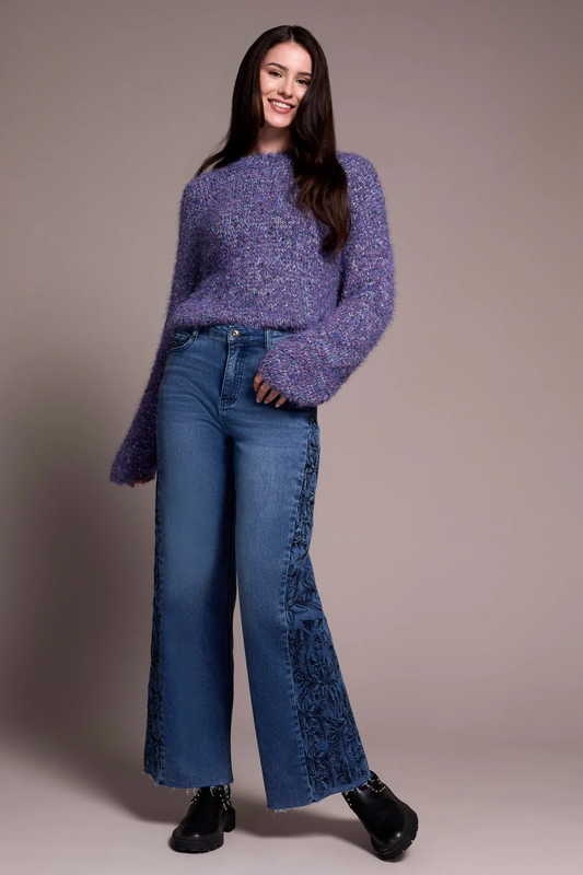 Brooke High Rise Wide Leg Jeans with Side Embroidery