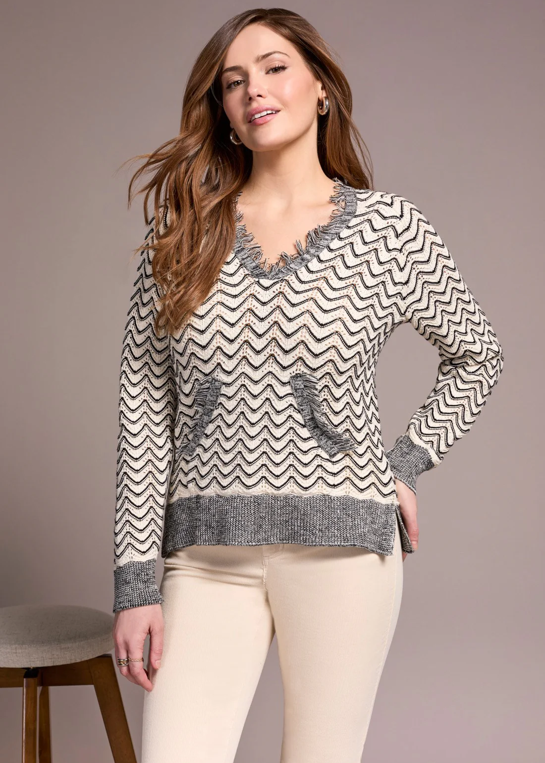 Fringe Long-Sleeve Hooded Sweater