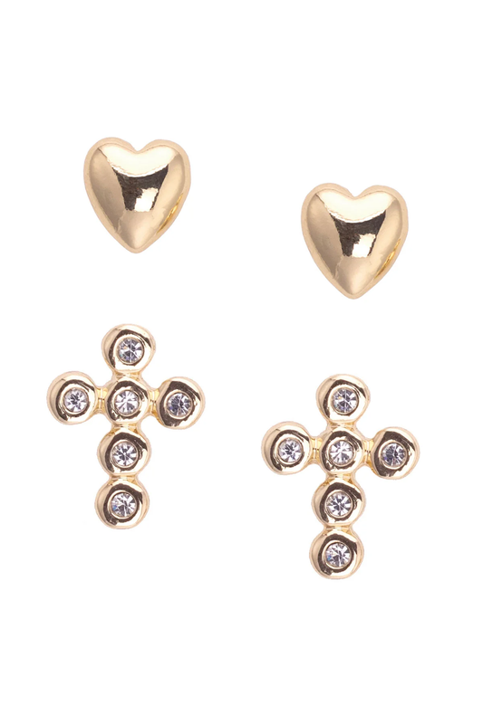 Tatum Heart & Pave Cross Children's Stud Earrings Set of 2 in Shiny Gold