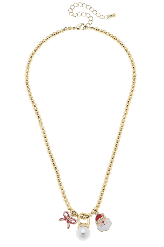 Candy Cane Bow & Santa Charm Necklace in Shiny Gold