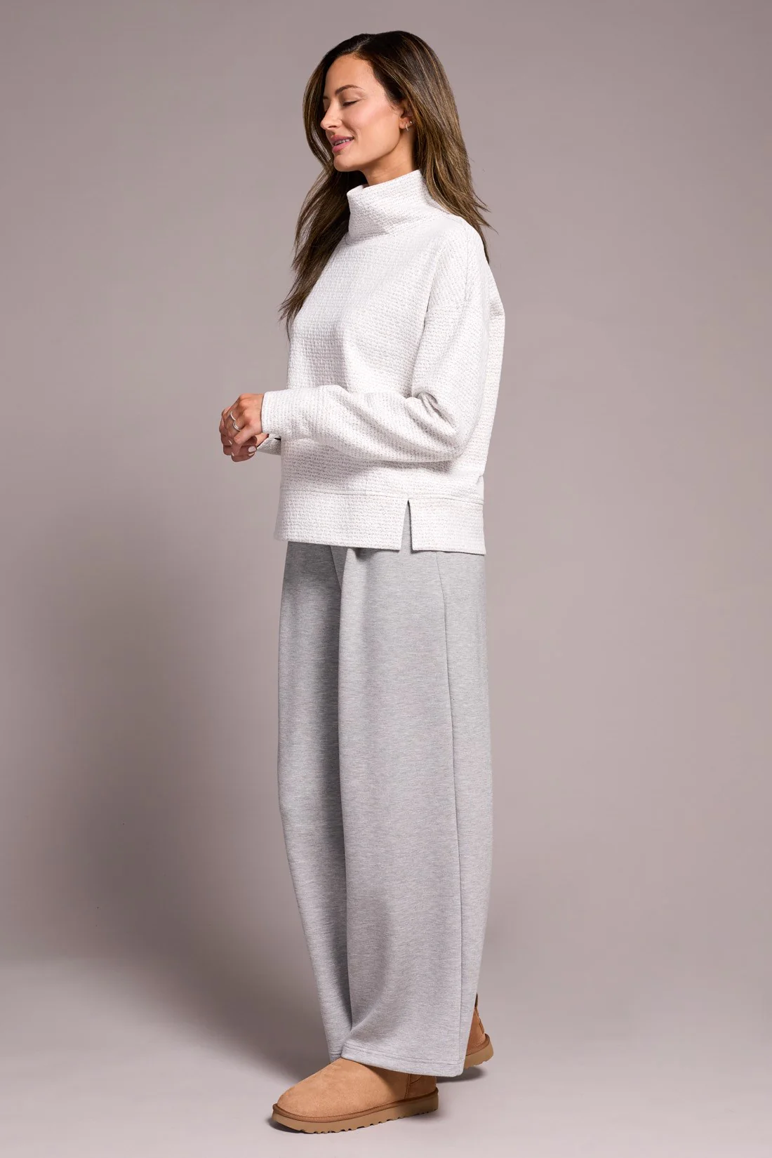 Puckered Knit Drop Shoulder Funnel Neck Top