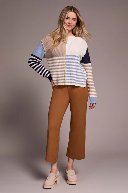 Multi Stripe Textured Boat Neck Sweater