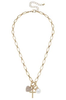 Poppy Beaded Cross & Pearl Charm Necklace in Shiny Gold