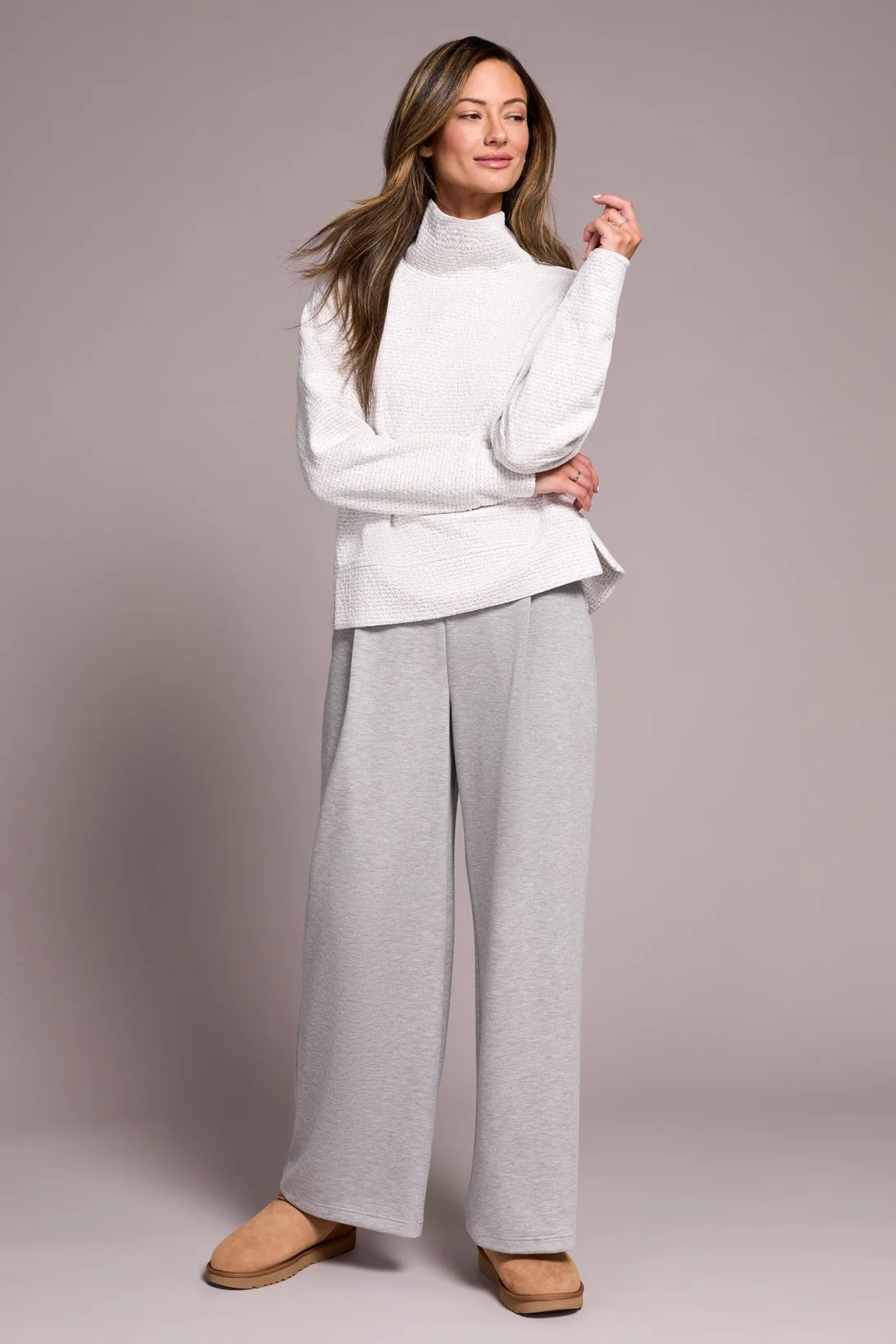 Puckered Knit Drop Shoulder Funnel Neck Top