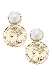 Donatella Coin Pearl Drop Earrings in Shiny Gold
