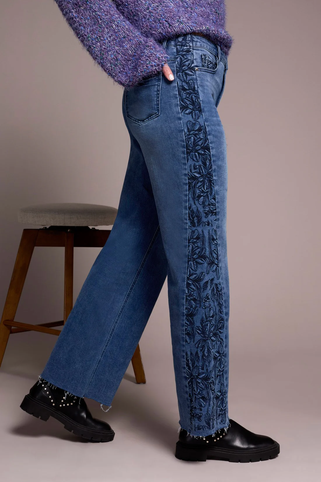 Brooke High Rise Wide Leg Jeans with Side Embroidery