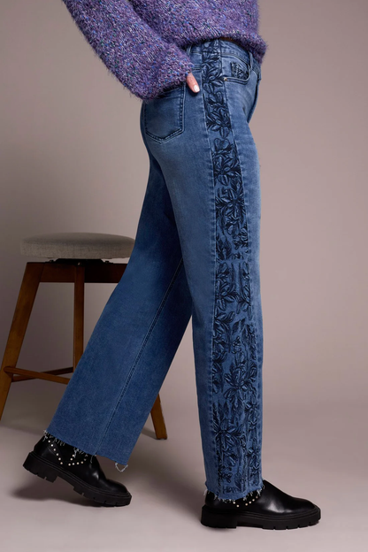 Brooke High Rise Wide Leg Jeans with Side Embroidery