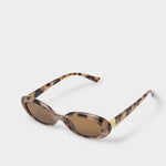 Sunglasses with tortoiseshell frame and brown lenses on a white background