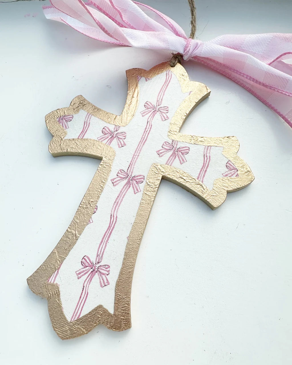 Pink Bow Large 7" Cross Ornament