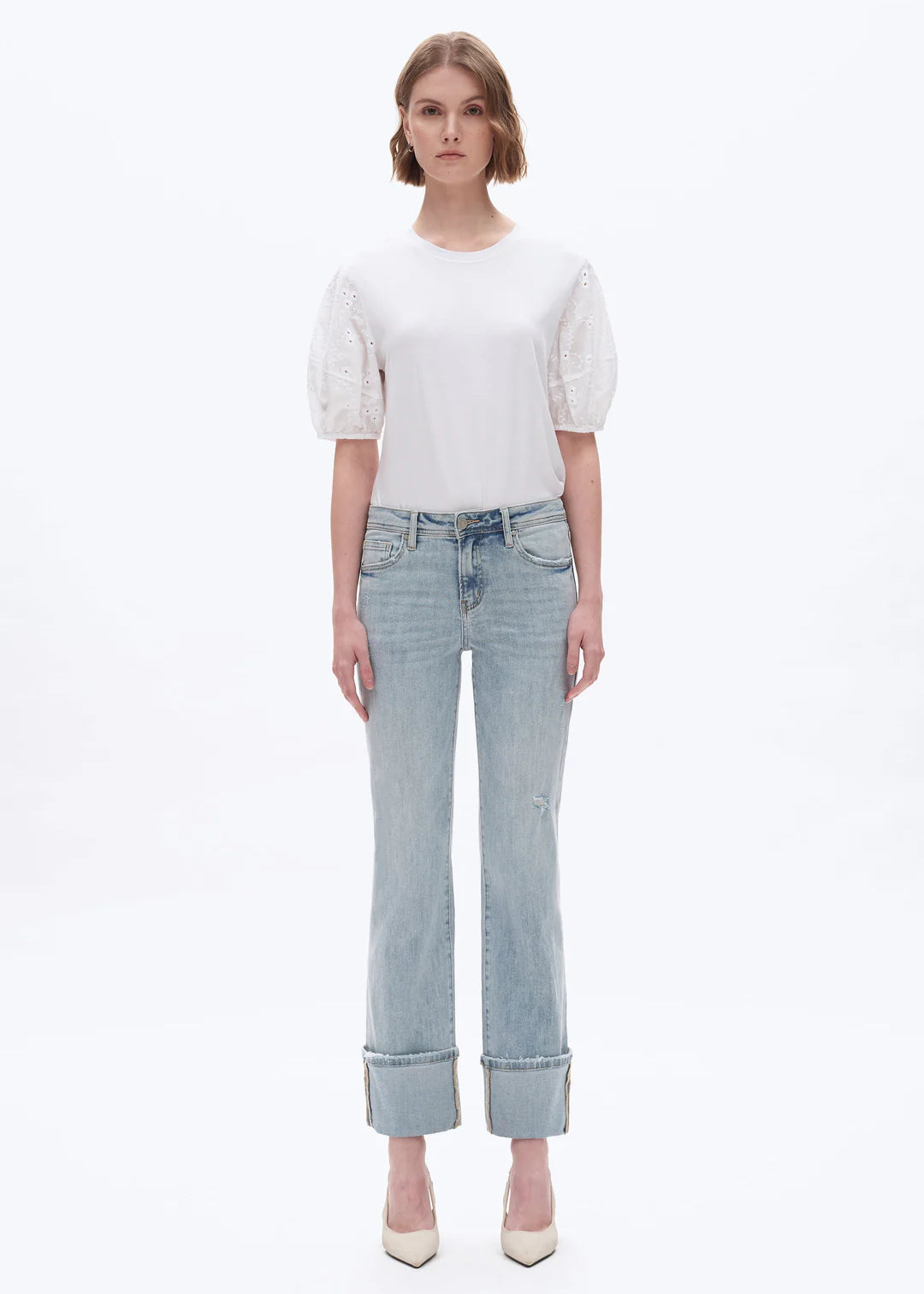 Flora Mid Rise Straight Cuffed Denim Jeans