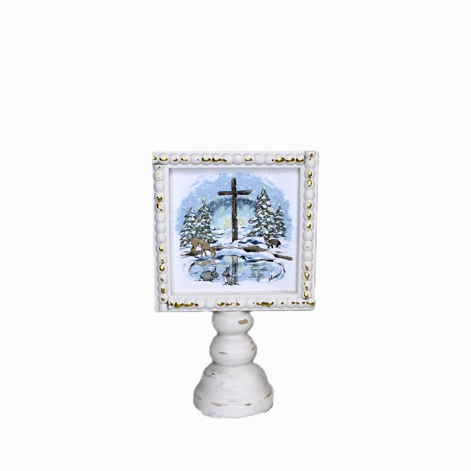 Woodland Christmas scene with handmade paper details and a cross finial, designed by Dana Shoops and measuring 6 x 3 x 10 inches for tabletop holiday décor.