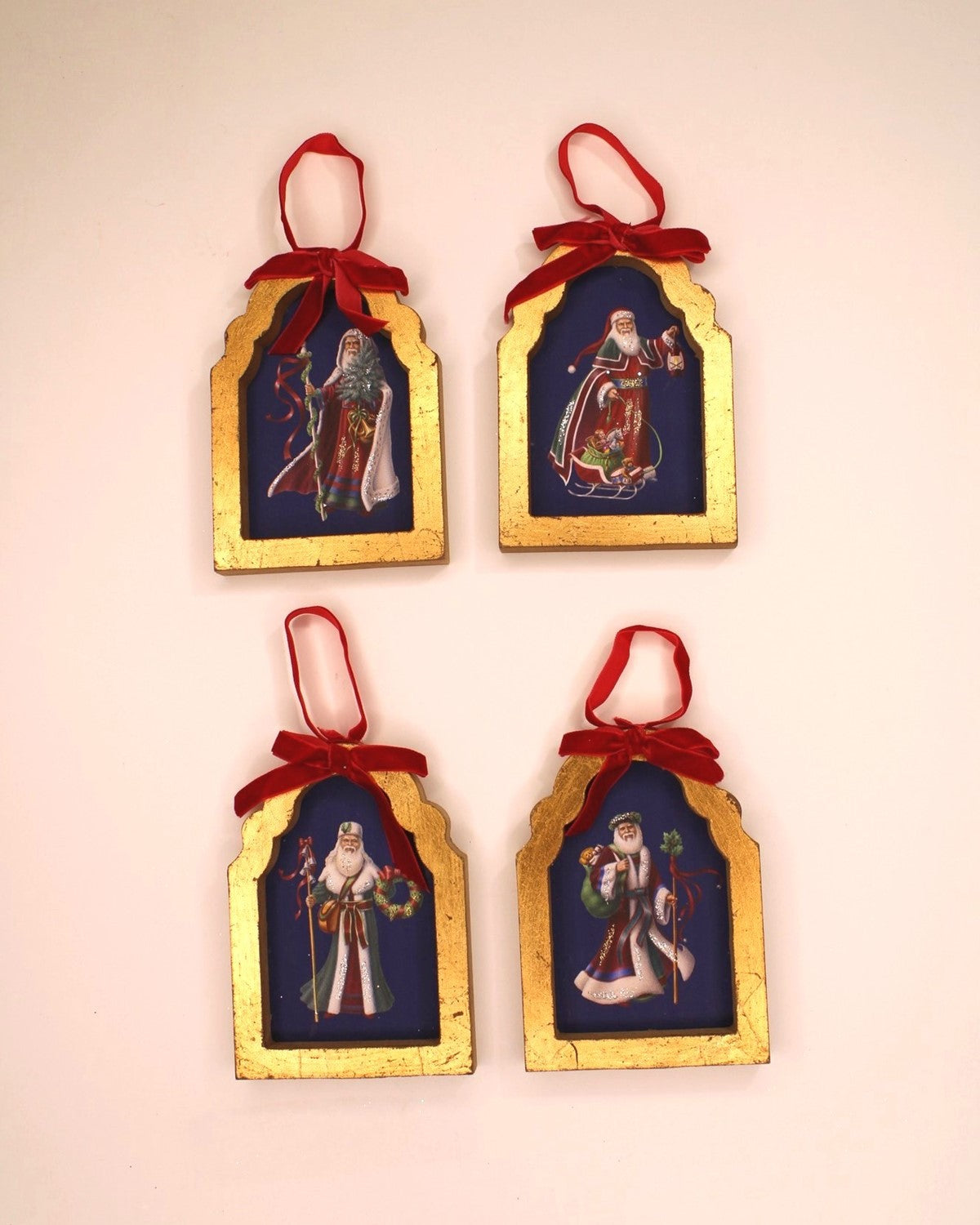 Sue Ellen Brown Old World Santa ornament featuring vintage-inspired Santa artwork in an ornate gold frame, available in four assorted designs for Christmas decorating.