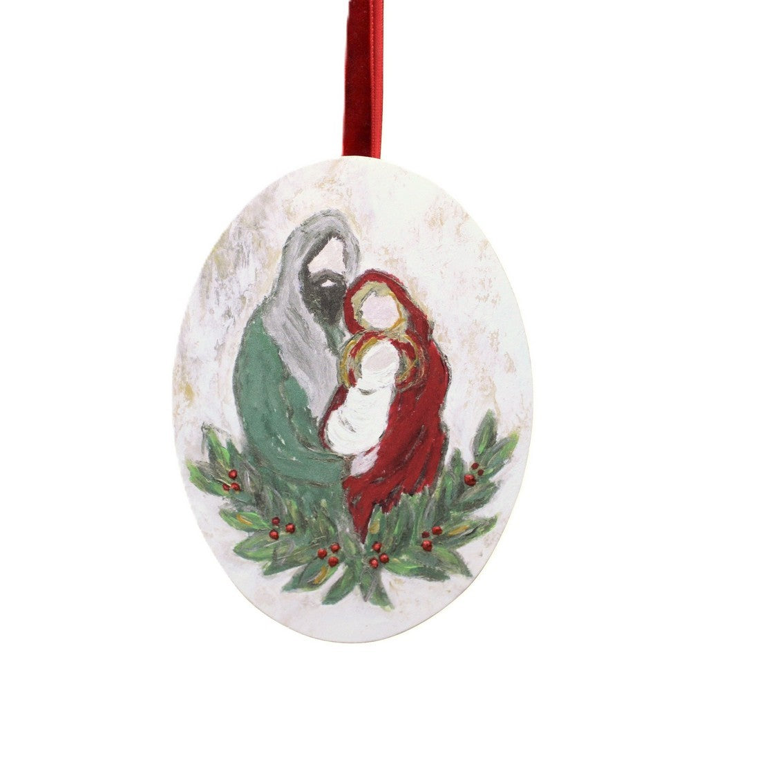 Tawnya Norton Jewel Tone Holy Family oval ornament featuring richly colored Nativity artwork of Mary, Joseph, and baby Jesus for meaningful Christmas décor.