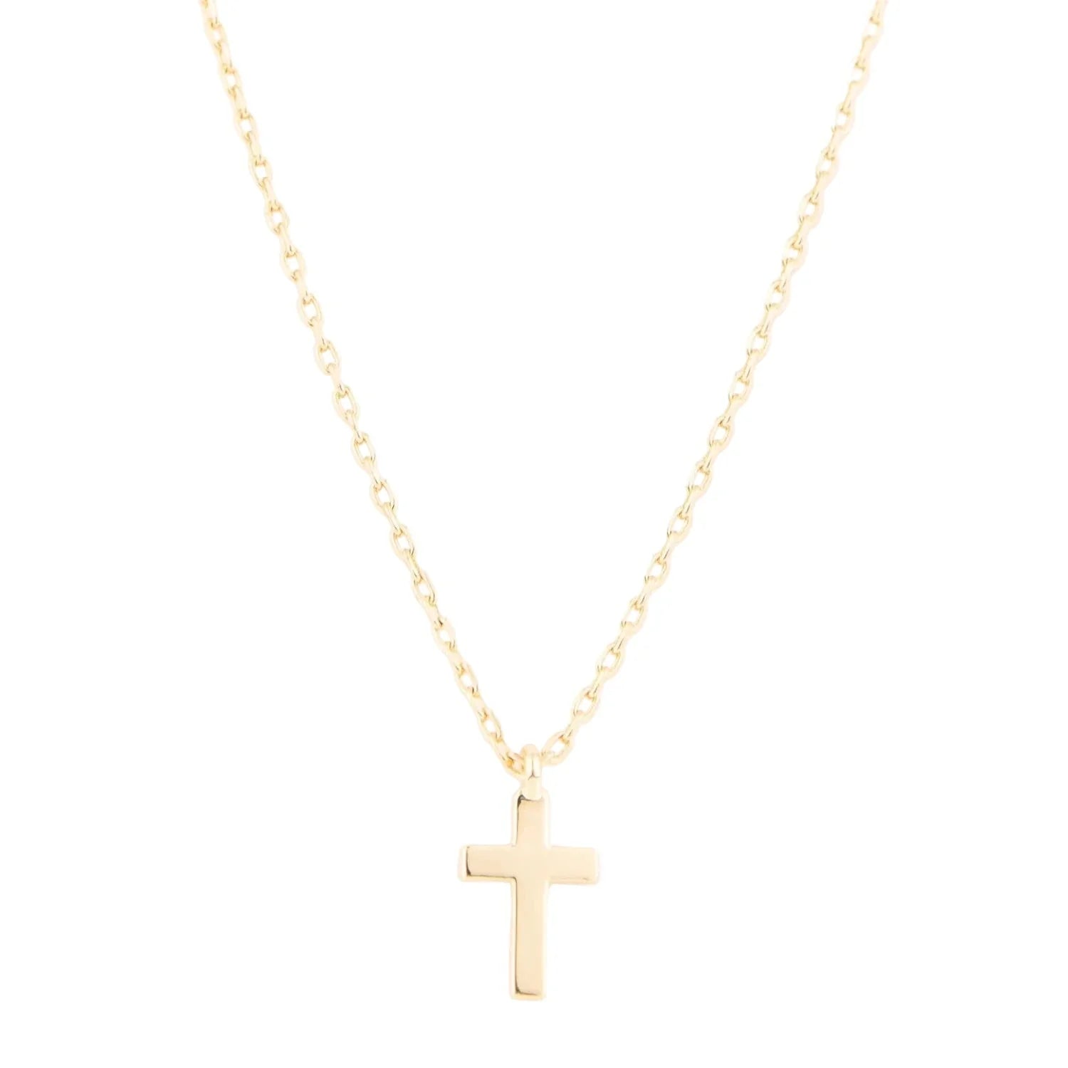 A delicate gold chain necklace with a small, polished cross pendant, displayed against a solid white background.