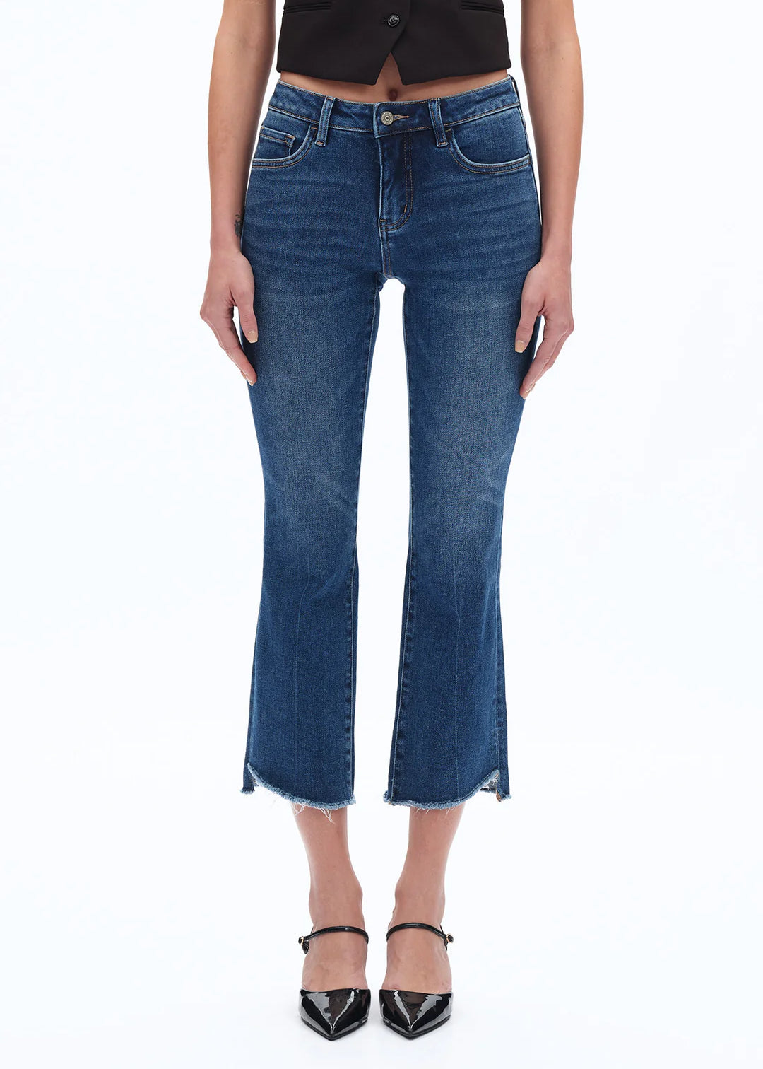 Mid Rise Cropped Bootcut Denim Jeans With Stepped Frayed Hem