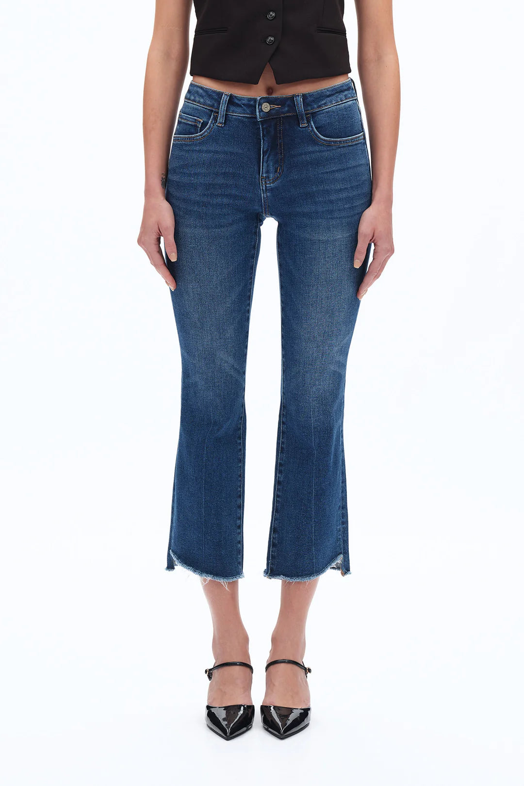 Mid Rise Cropped Bootcut Denim Jeans With Stepped Frayed Hem