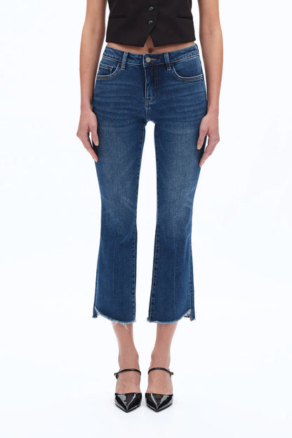 Mid Rise Cropped Bootcut Denim Jeans With Stepped Frayed Hem