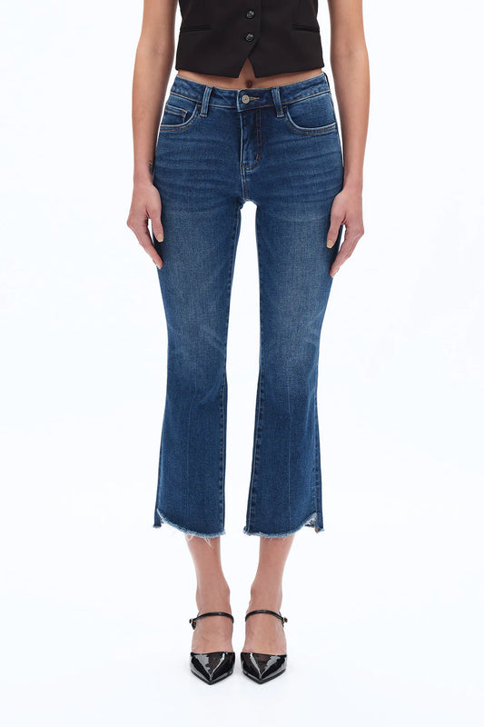 Mid Rise Cropped Bootcut Denim Jeans With Stepped Frayed Hem