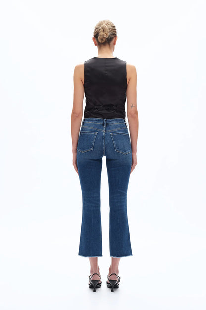Mid Rise Cropped Bootcut Denim Jeans With Stepped Frayed Hem
