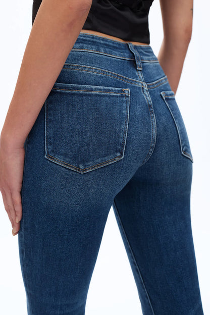 Mid Rise Cropped Bootcut Denim Jeans With Stepped Frayed Hem