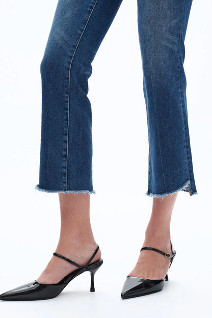Mid Rise Cropped Bootcut Denim Jeans With Stepped Frayed Hem