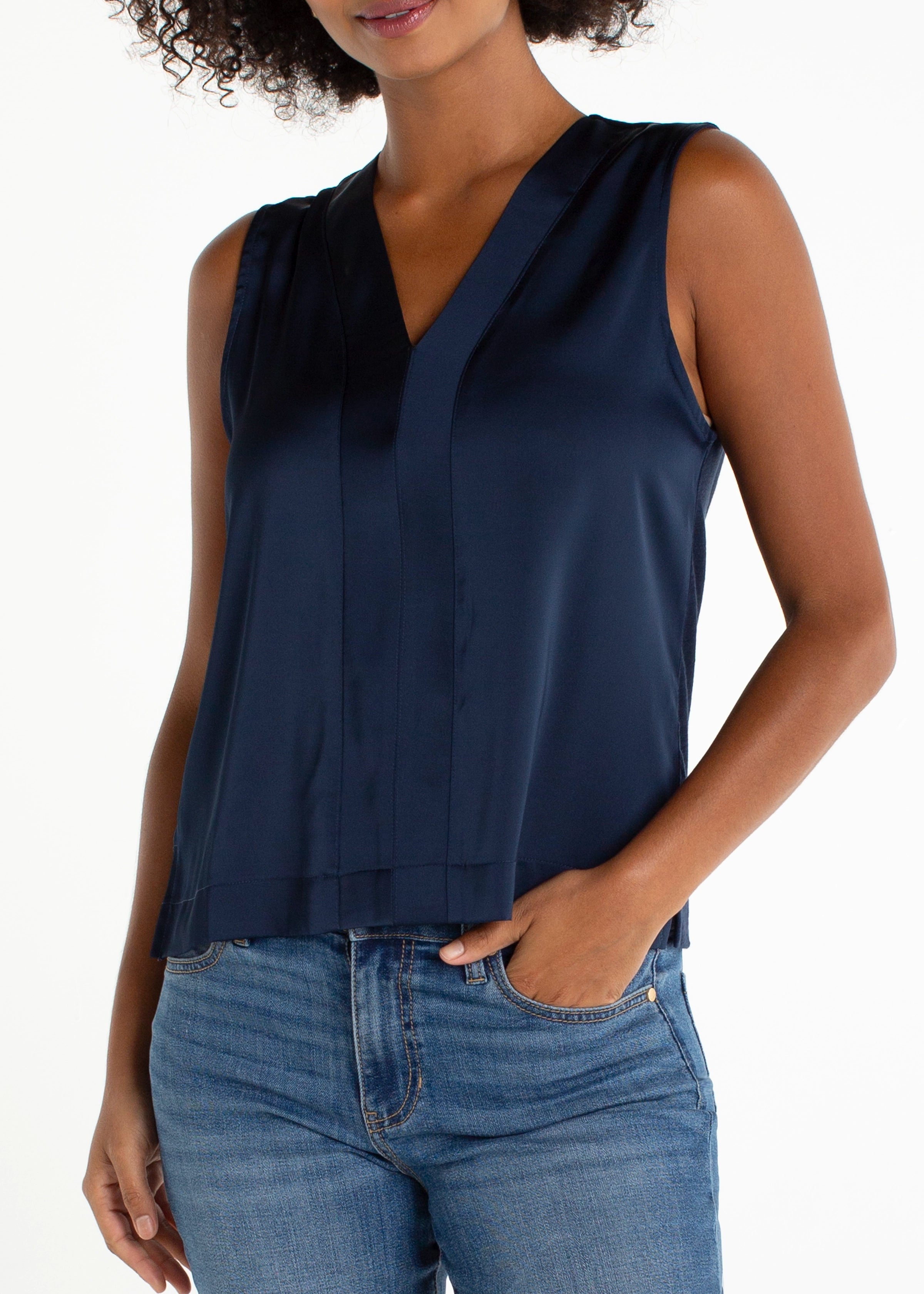 Sleeveless V-Neck Woven-To-Knit Top