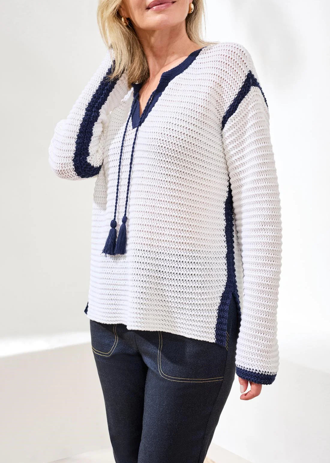 Notch Collar Sweater With Tassel Tie