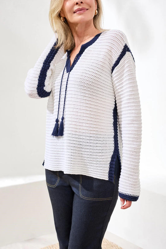 Notch Collar Sweater With Tassel Tie