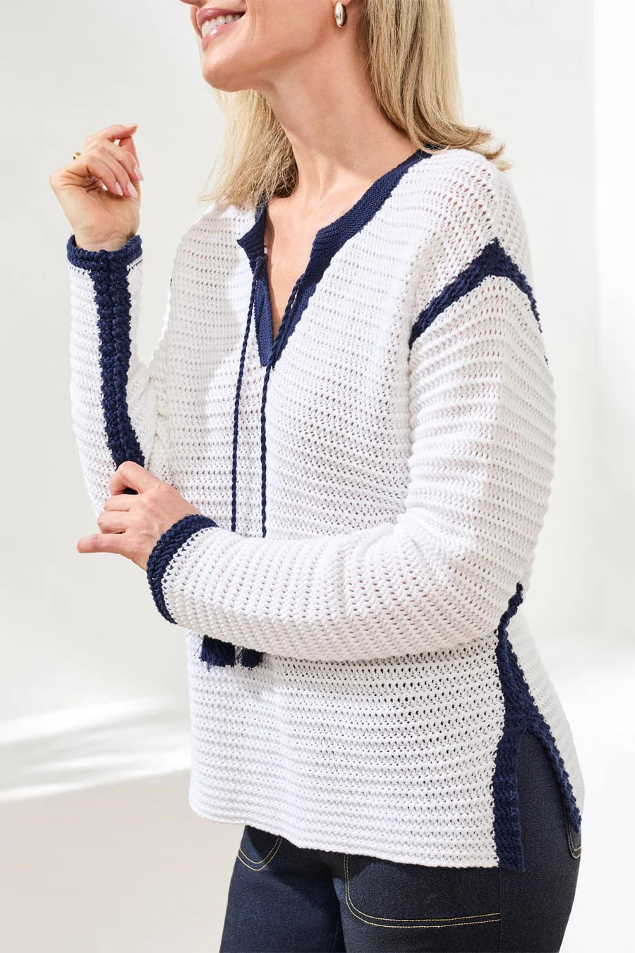 Notch Collar Sweater With Tassel Tie