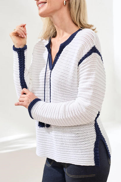 Notch Collar Sweater With Tassel Tie