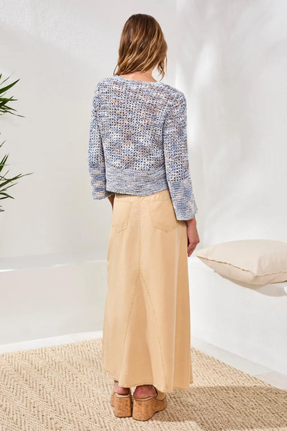 Open Stitch Crewneck Bell Sleeve Sweater