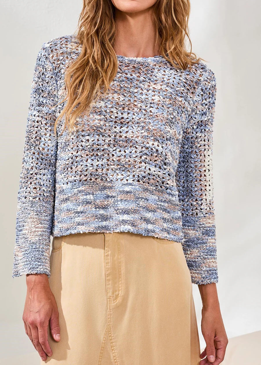 Open Stitch Crewneck Bell Sleeve Sweater