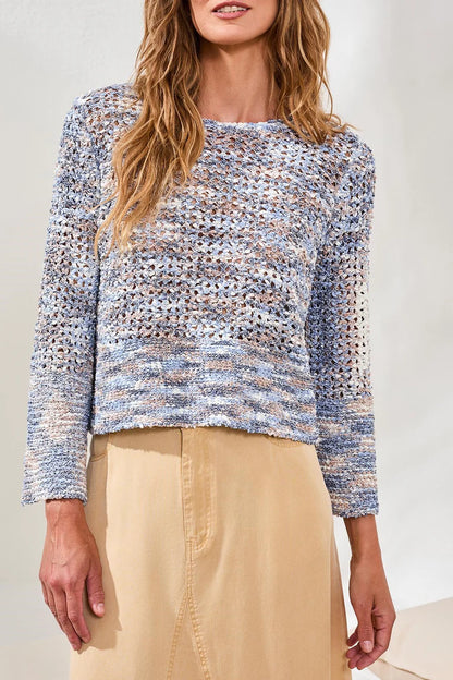Open Stitch Crewneck Bell Sleeve Sweater