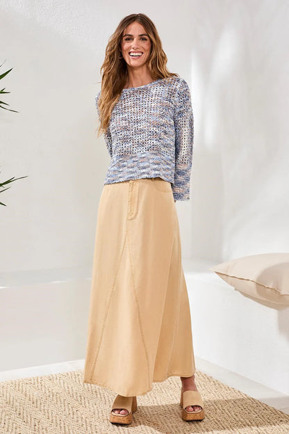 Open Stitch Crewneck Bell Sleeve Sweater