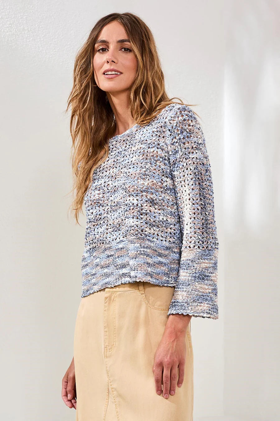 Open Stitch Crewneck Bell Sleeve Sweater
