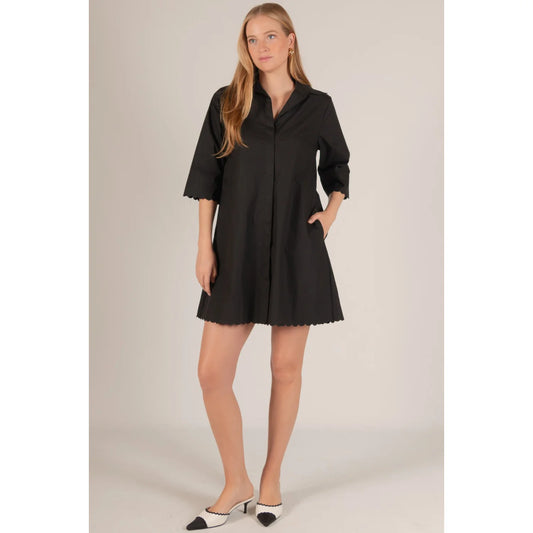 Poplin Scalloped Hem Button Up Shirt Dress