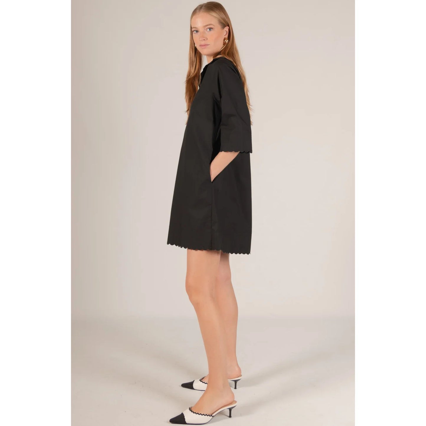Poplin Scalloped Hem Button Up Shirt Dress